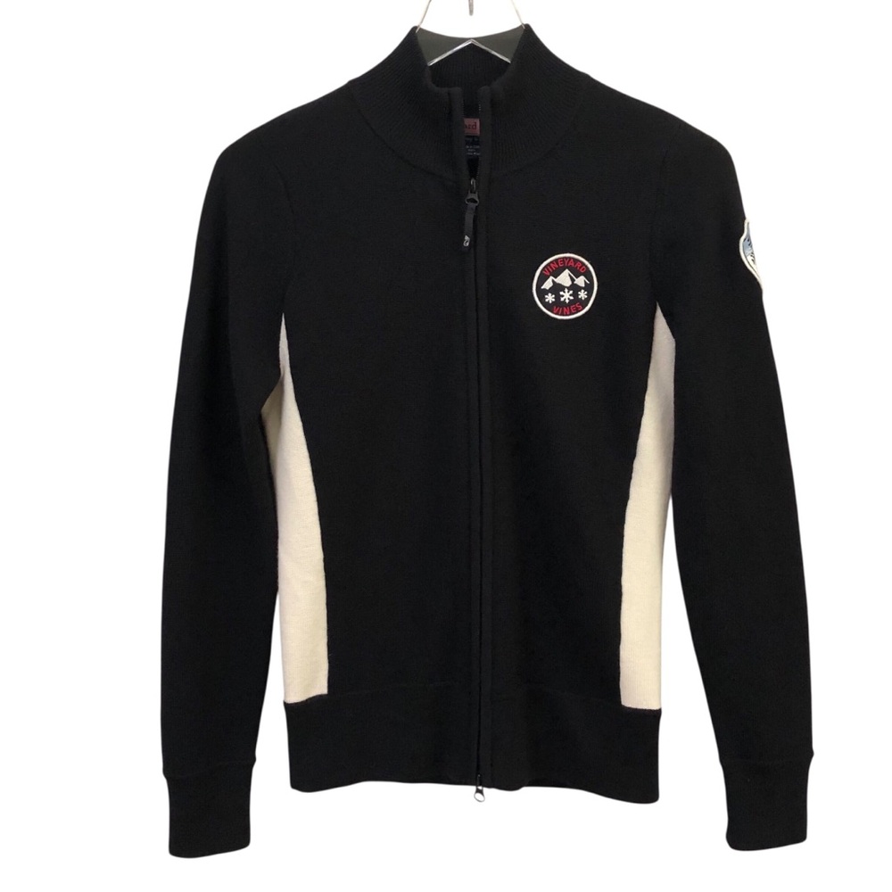 Vineyard Vines | Merino Wool Full Zip Apres Ski Sweater Patch Detail Black Ivory